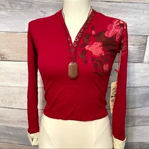 DA-NANG cherry red long sleeve Henley top XS, NWT